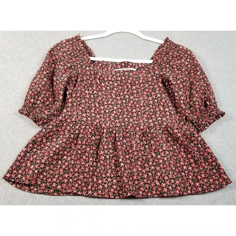 LOFT Blouse Women's XXSP Petite Floral Peplum Smocked Puff Sleeve Babydoll Flowy